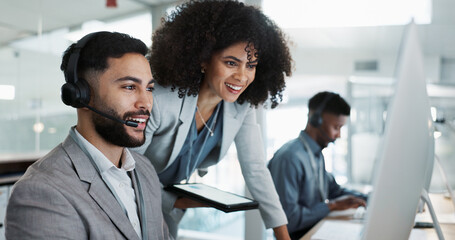Call center computer, manager and people smile for telemarketing sales, outsourcing success or lead generation results. Tech support data, help desk teamwork and team with customer service feddback