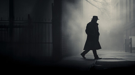Obraz premium Moody monochromatic photo of a solitary person striding through misty metropolis streets, stimulating sensations of enigma and loneliness.