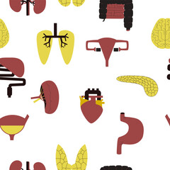 Seamless medical pattern of various human internal organs in graphic geometric style on white background.