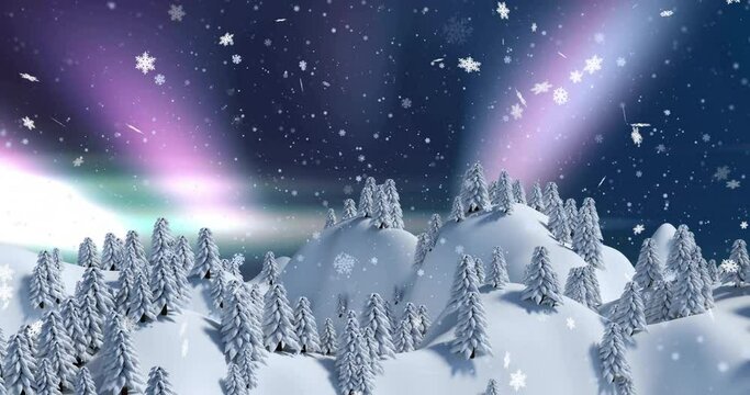 Animation of snow falling and aurora borealis in christmas winter scenery background