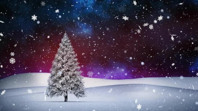 Animation of christmas tree, snow falling and aurora borealis in christmas winter scenery background