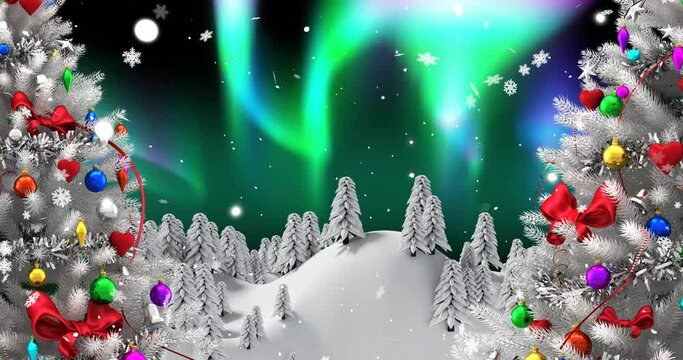 Animation of snow falling and aurora borealis in christmas trees winter scenery background