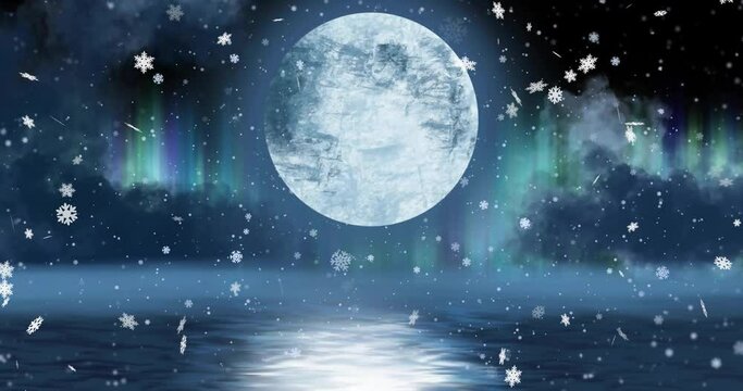 Animation of full moon, snow falling and aurora borealis in christmas winter scenery background