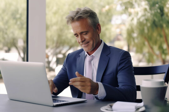 Handsome smiling middle aged businessman using laptop and writing in notepad