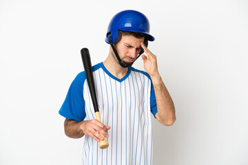 Young caucasian man playing baseball isolated on white background with headache