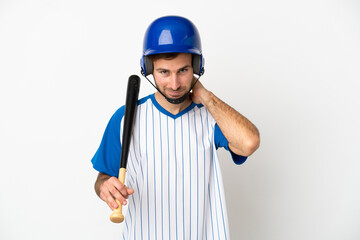 Young caucasian man playing baseball isolated on white background laughing