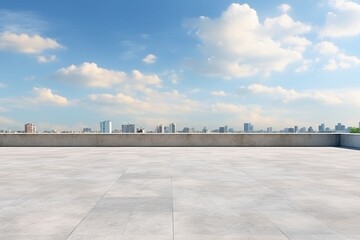 Empty Concrete Floor on the Rooftop with Blue Sky and White Clouds Background - High Quality Photo