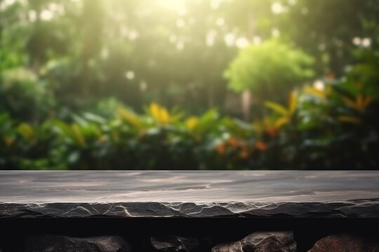 Empty Black Stone Table Top and Blurred Tree Garden Background - High Quality Photo