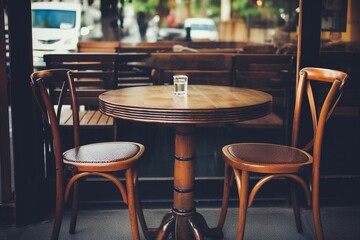 Fototapeta na wymiar Empty Round Wooden Table and Chairs in Coffee Shop Cafe - Vintage Effect Style Pictures
