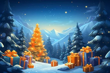Papier Peint photo Lavable Montagnes presents with glowing christmas tree at night in the snow, vibrant stage backdrops, mountainous vistas, generative ai
