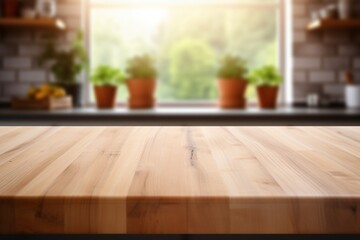 Empty Wooden Table in Modern Kitchen for Product Display Montage