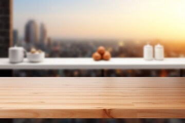 Empty Wooden Table in Modern Kitchen for Product Display Montage