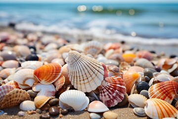 Fototapeta na wymiar Seashells on the sand on the beach. Close-up of many seashells overlooking the ocean. Beach holiday concept.