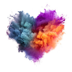 colorful vibrant smoke bomb explosion clouds in the shape of a heart - on transparent background	
