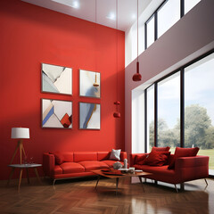 Modern office room with red sofa against wall big art poster frame. Office interior design of modern living room.