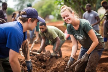 Volunteers, charity, cleaning, people and ecology concept - Group of happy volunteers with planting tree in park. Generative AI