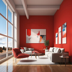 Modern office room with sofa and chairs against wall big art poster frame. Office interior design of modern living room.