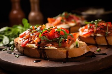 close-up of bruschetta with smoked cheese under natural light