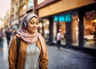 Fototapeta premium Joyful young muslim woman in hijab listening to music through headphones connected to cell phone while walking around the city center.