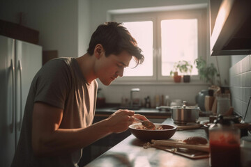 Fototapeta na wymiar Handsome Young Man Tasting Sauce with a Mixing Spoon in a Kitchen