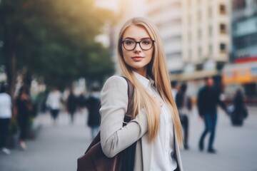 Fototapeta premium Portrait serious confident young businesswoman student female teacher lady casual clothes bag glasses looking camera downtown university school college education job working office modern entrepreneur