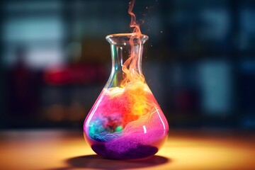Close Up of a Science Beaker Filled with Multi Colored Liquids.