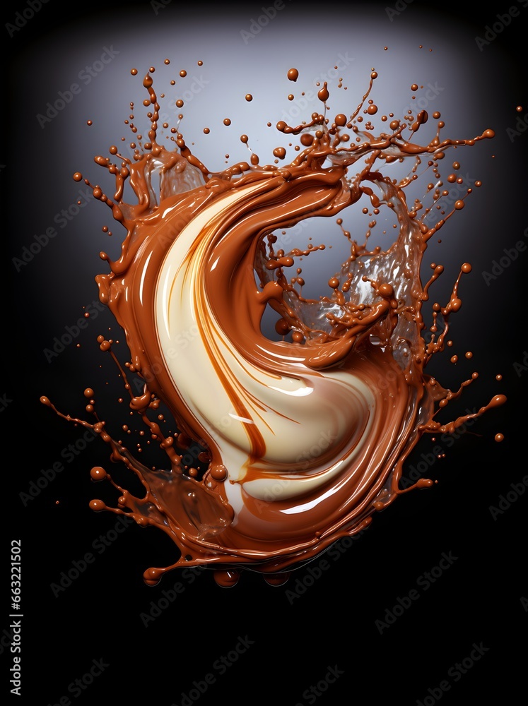 Poster An intricate chocolate splash, whether captured as an image or drawn, stands out boldly against a white foreground while contrasting with a deeper, dark background. The pour of chocolate is masterfull