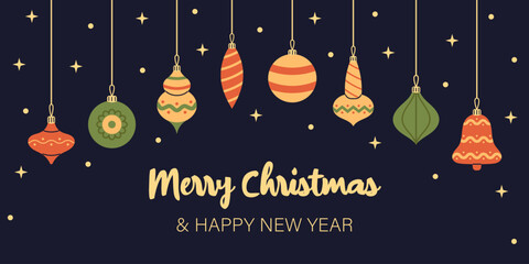 Naklejka premium Vector Merry Christmas and Happy New Year banner. Template with christmas baubles, decorations and ornaments. Christmas banner design with stars and lights.