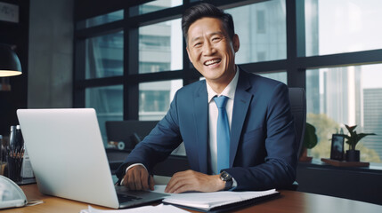 Fototapeta na wymiar A smiling asian businessman is using a laptop in his office