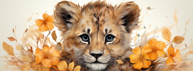 Cute Safari Animals - Lion and Giraffe for Kids - Watercolor Illustrations - Wide Format for Mug Sublimation