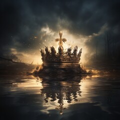 Crown on top of water, with a cloudy background and refection on water - obrazy, fototapety, plakaty