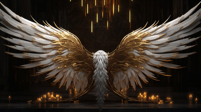 The golden white angel wings, rendered in 3D, possess a celestial and ethereal quality, symbolizing divine grace and spirituality in a three-dimensional form. AI Generated.
