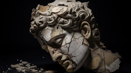 Foto op Plexiglas The broken ancient Greek statue head, weathered by time and history, still exudes a sense of mystery and a connection to the rich cultural heritage of the past. AI Generated. © 1st footage