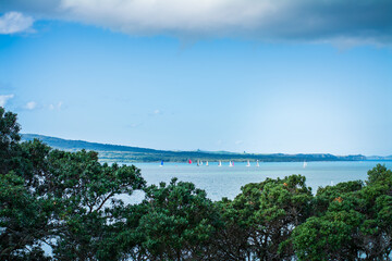 Numerous sailing boats scattered across calm waters of Auckland Harbour on a beautiful winter day....