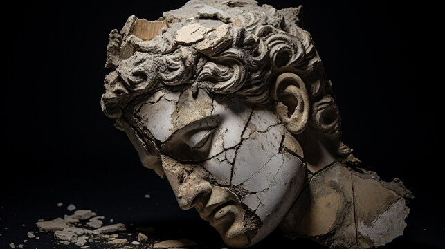 The broken ancient Greek statue head, weathered by time and history, still exudes a sense of mystery and a connection to the rich cultural heritage of the past. AI Generated.