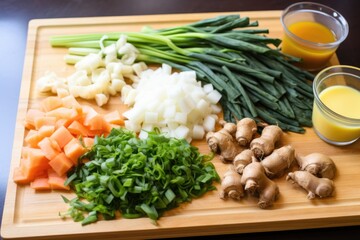 raw ingredients for miso soup spread on a board