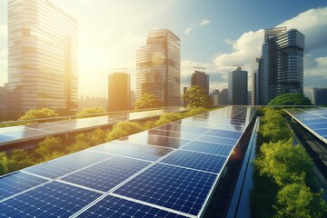 Fototapeta premium Solar panels in aerial view. Eco-technology of solar power plants in solar power plants with city background. alternative electricity source - concept of sustainable resources