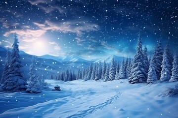 Naklejka premium Forest on a mountain ridge covered with snow. milky way in a starry sky. christmas winter night, generative ai