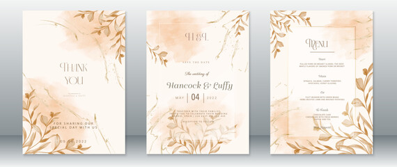 Wedding invitation card template nature leaf design with gold texture and watercolor background