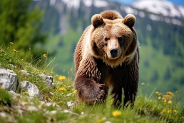 Brown bear moving on the green meadow in springtime nature.