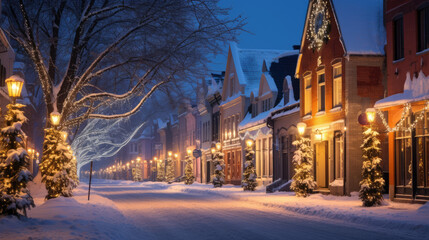 Snow-covered street with festive lights in a charming town, illuminated Victorian houses and...