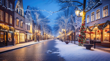 Fototapeta na wymiar Snow-covered street with festive lights in a charming town, illuminated Victorian houses and lanterns create a magical Christmas ambiance during a tranquil winter evening.
