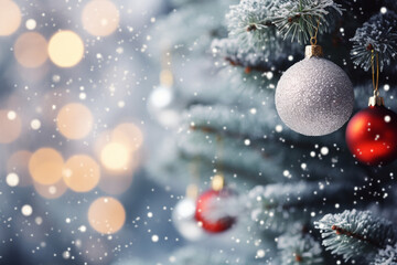 Fototapeta na wymiar close up silver christmas ornaments snowing bokeh background