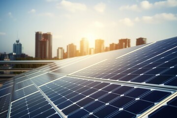 Solar panels in aerial view. Eco-technology of solar power plants in solar power plants with city background. alternative electricity source - concept of sustainable resources