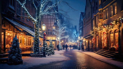 Enchanting winter evening in a European town square with snow-covered streets, twinkling Christmas...