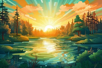 Illustration of a landscape with sunlight filtering through trees onto the water surface. Generative AI