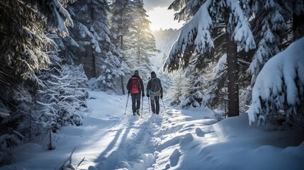 Snowshoers trekking through a serene snowy forest, winter sports, with copy space, blurred background