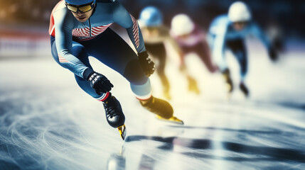 Speed skaters racing around an ice rink, winter sports, with copy space, blurred background - obrazy, fototapety, plakaty