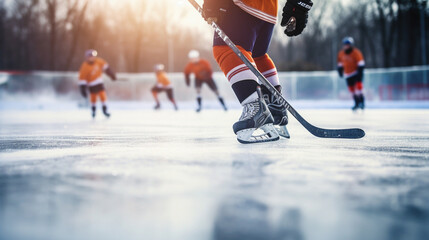 Obraz premium Hockey players in action on an outdoor ice rink, winter sports, with copy space, blurred background