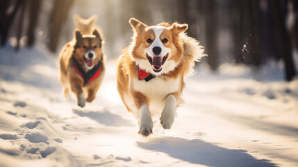 Skijorers being pulled by enthusiastic dogs through snowy trails, winter sports, with copy space, blurred background